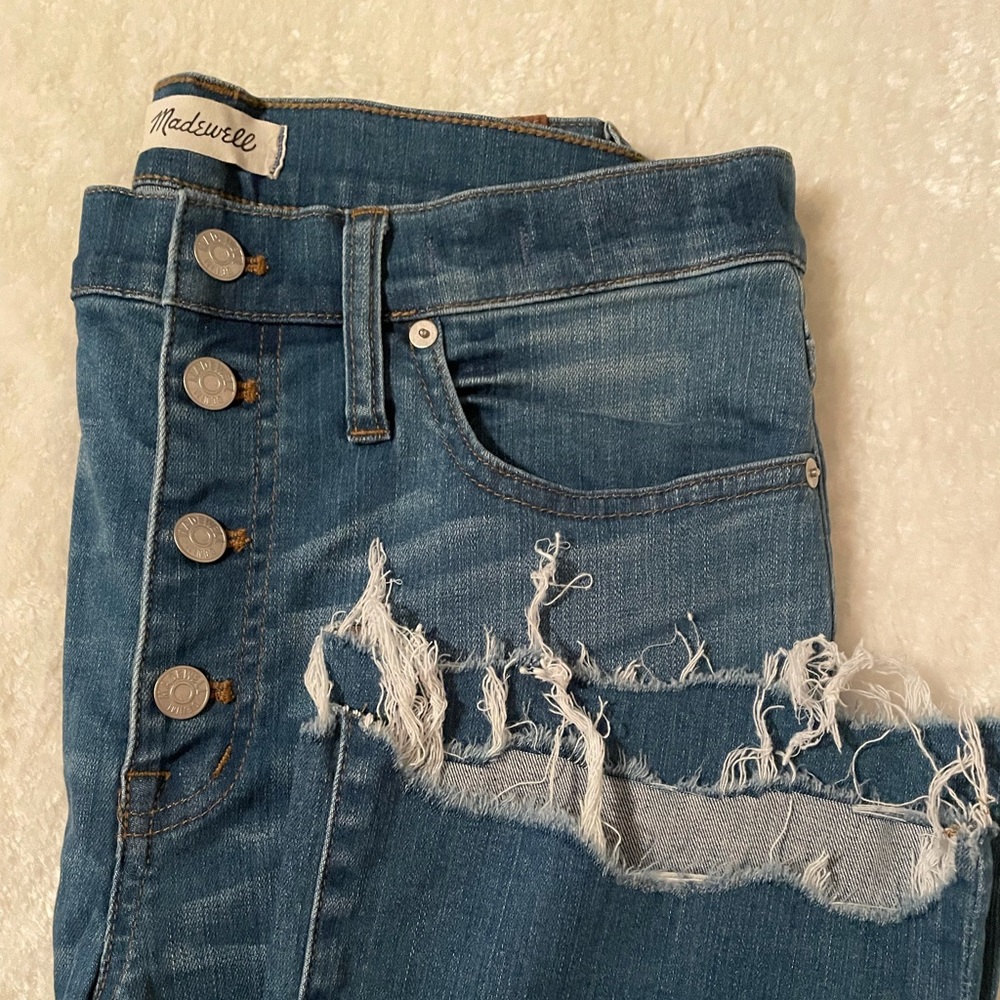 size 31 Madewell Cali Button-Front Demi-Boot Jean w/ Chewed Hem